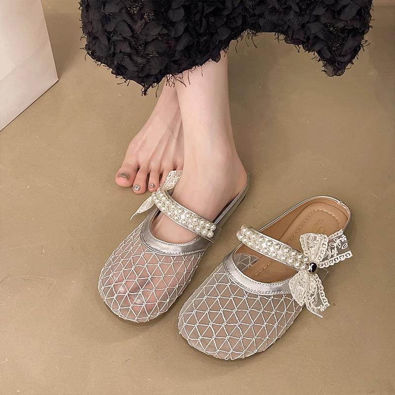 

Французские туфли-лодочки на плоской подошве, женские летние 2025, новые, на одной педали, с сеткой в сказочном стиле, одинарные туфли, крутые тапочки 40 серебряный
