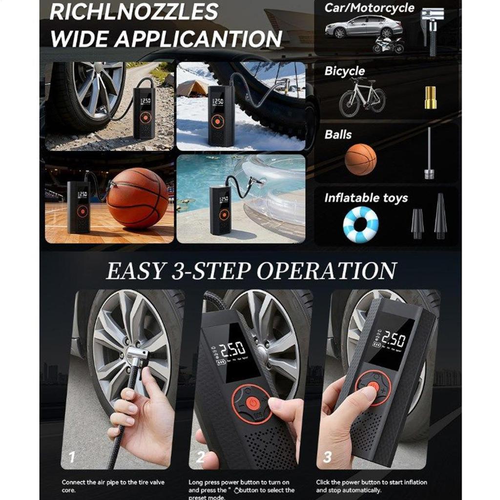 Portable Air Pump Rechargeable Cordless Auto Shut Off Car Tire Inflator Bike Pump For Motorcycle Bike Vehicle Electric Scooter
