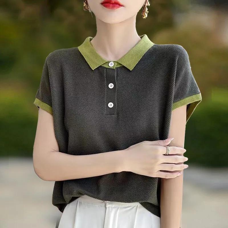 

Women s Summer T-shirt Age Reduction Lady T-shirt Temperament POLO Collar Ladies Knitted Tops 2XL