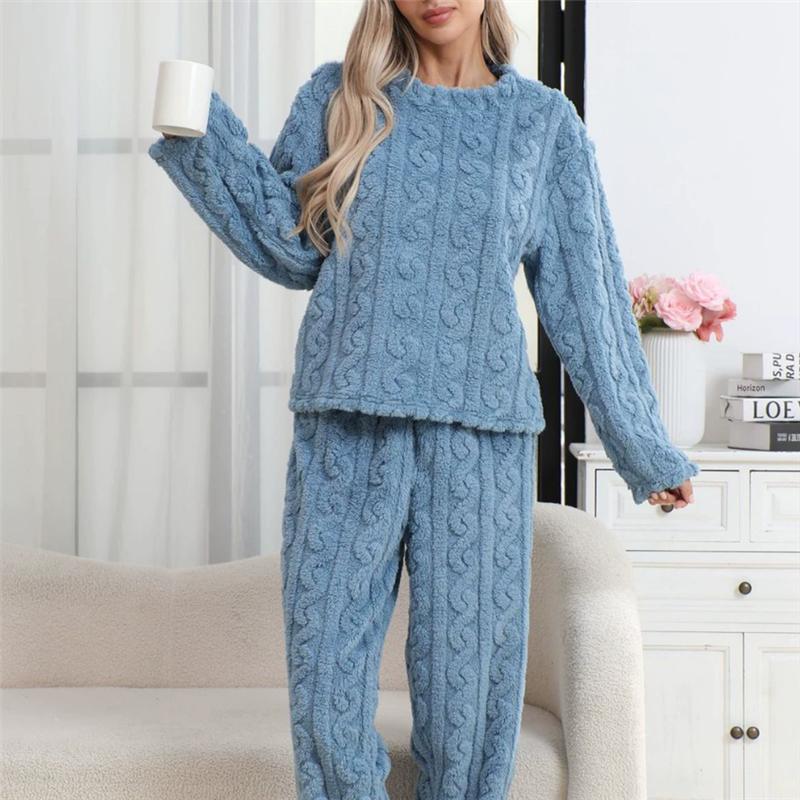 

Осенне-зимний теплый пижамный комплект из 2 предметов для женщин, домашняя одежда, фланелевые топы с длинным рукавом и брюки, домашняя одежда, одежда для отдыха S синий