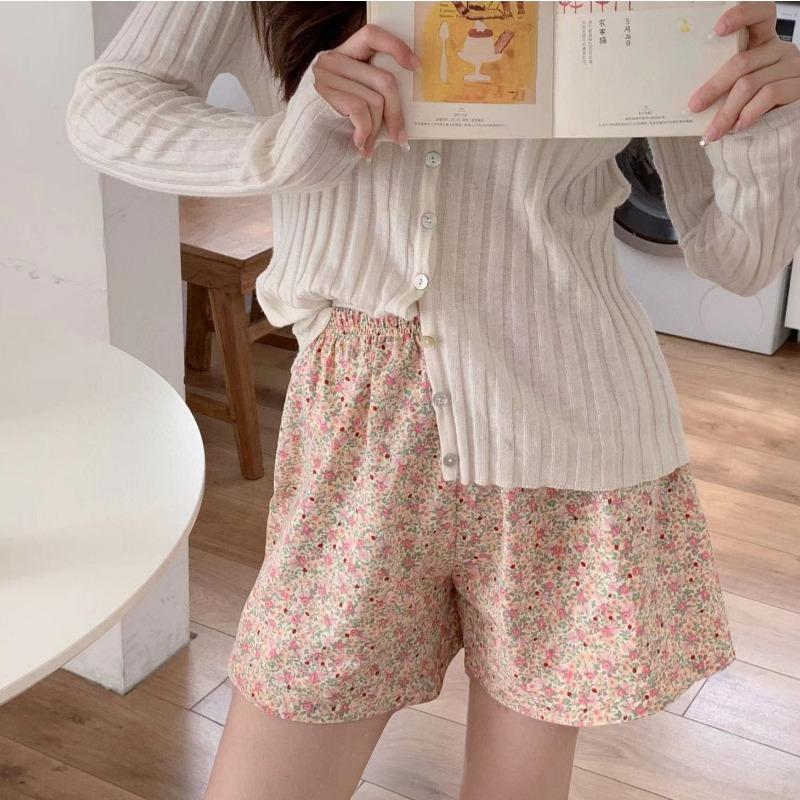 Summer Home Checkered Small Floral Shorts Thin Fresh Sports High Waist Thin Wide Leg Loose Casual Pajama Pants Women