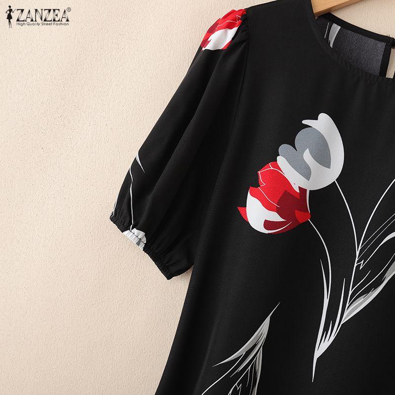 ZANZEA Women Casual Round Neck Short Sleeve Summer Print Dress