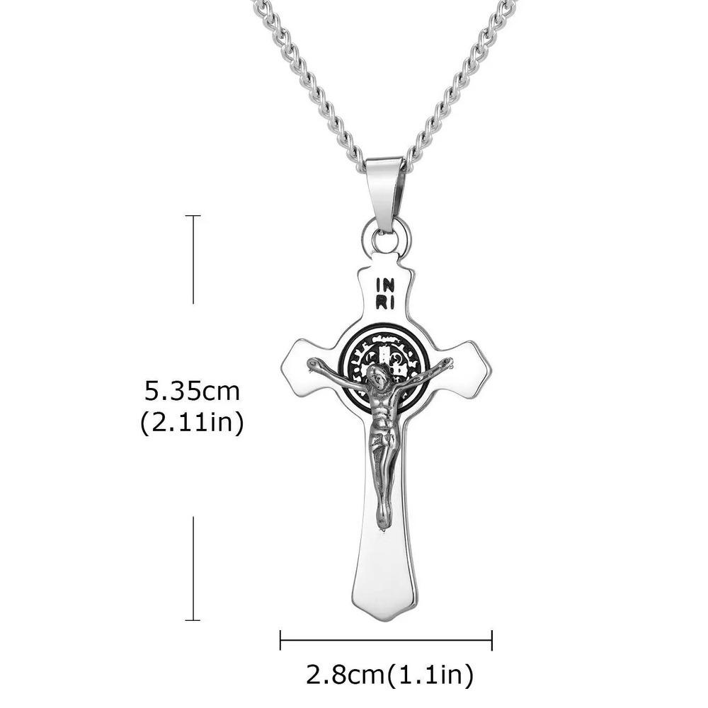 Vnox Stainless Steel Saint Benedict Cross Necklace, 28*53.5mm Jesus Crucifix Pendant Link Chain, Catholic Religious Gift for Men