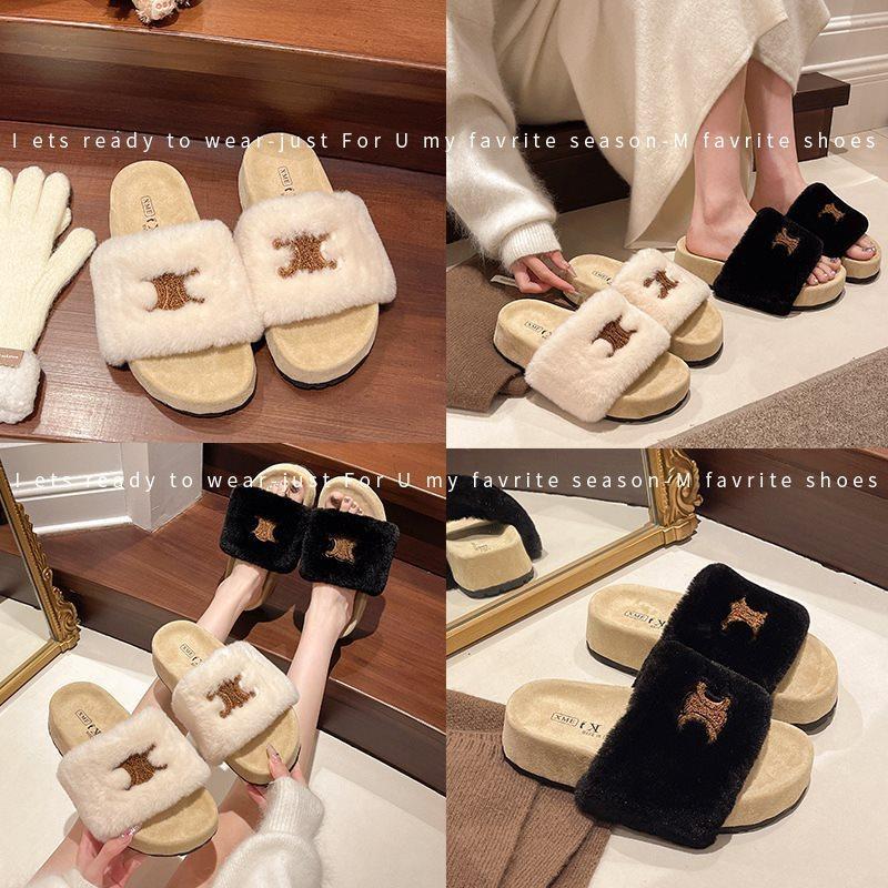 Fashion slippers women's non-slip thick bottom new one-word cotton slippers women's cloth 2025 Mao Mao keeps warm and increases height in autumn