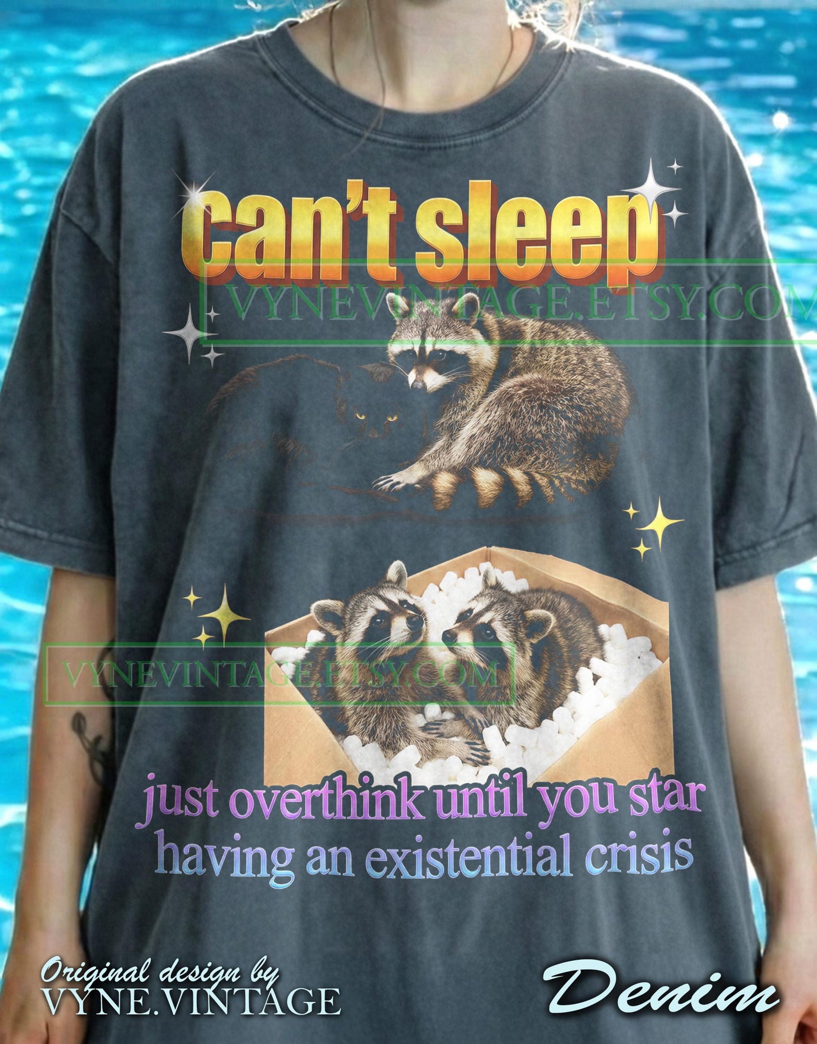 Can T Sleep Overthink Raccoon Comfort Colors® Tshirt, Black Cat Tees, Funny Insomnia Sweater, Trash Panda Tanktop, Existential Crisis XL