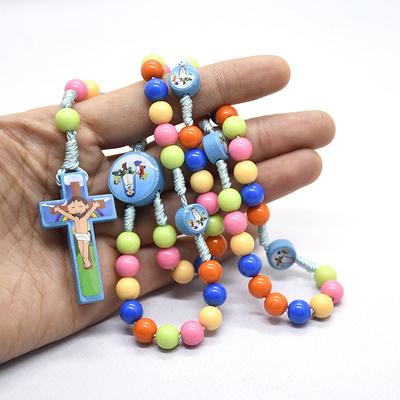 Cartoon Cross Pendant Necklace Kid Rosary Beads Catholic Religious Jewelry