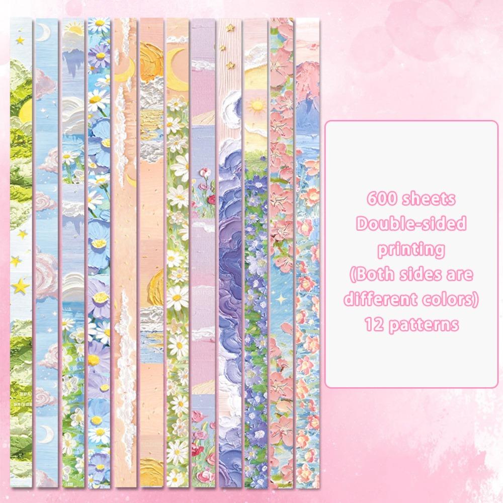 600pcs Oil Painting Star Origami Double Sided Printing Pattern Paper Folding Home Decoration
