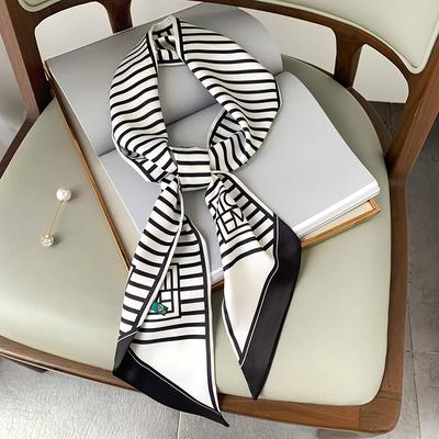 1116 bufanda larga pequeña de seda a rayas geométricas en blanco y negro para mujer, bufanda decorativa de verano, versión coreana, bufanda de seda fina y estrecha con punta, para atar