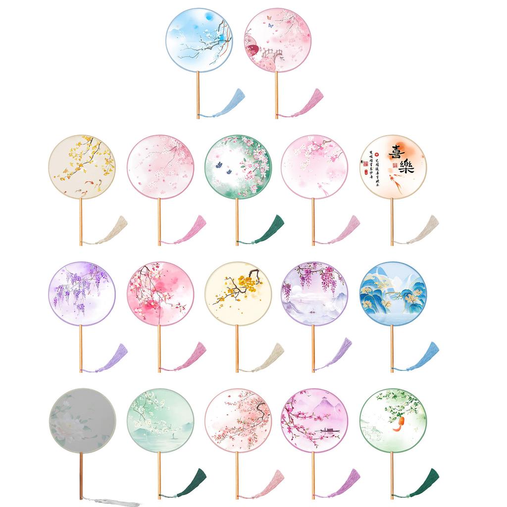 Handfächer im chinesischen Stil Klassische Quasten Fächer mit chinesischer Tuschemalerei Blumenmuster Runder Seidenfächer Heimdekoration