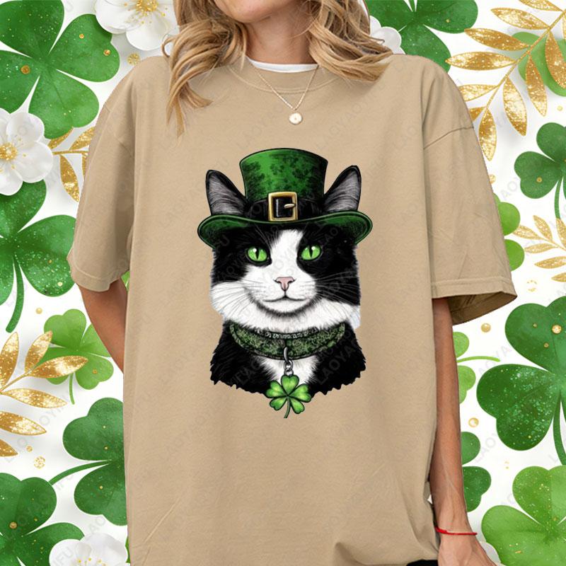 St Patricks Day Casual Unisex Cotton Shirts Lucky Clover Cute Tuxedo Cats Oneck Printed Tops Irish Women Ropa Mujer Cat Lover