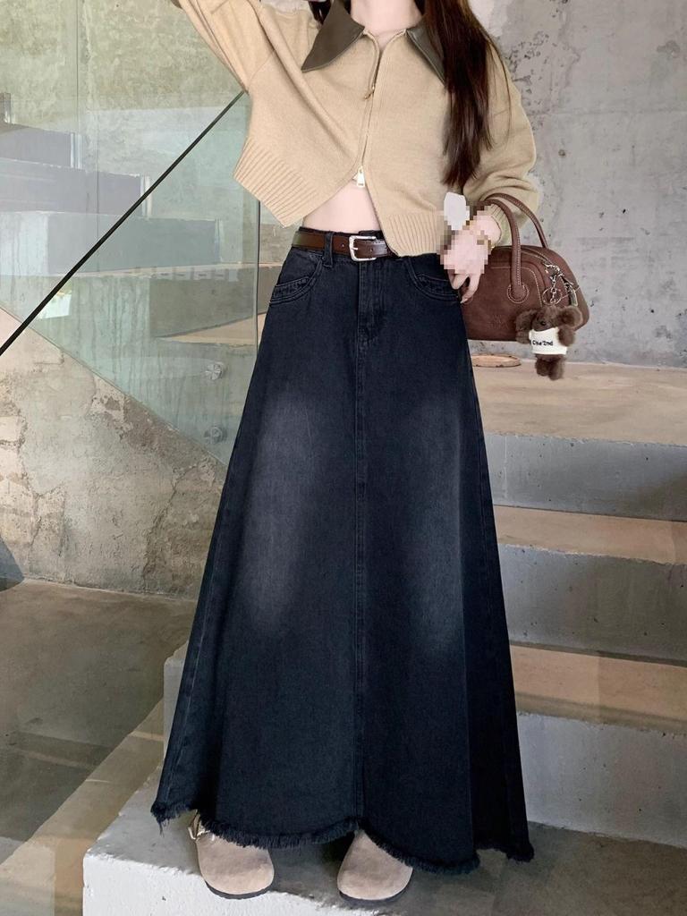 Black Retro Washed Denim Frayed High Waist A-Line Midi Skirt for Women - Autumn Design