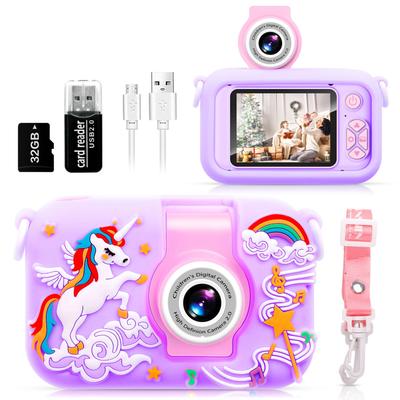Detský fotoaparát, ARNSSIEN 180° otočný objektív fotoaparát pre deti, 2,4-palcový IPS LCD digitálny fotoaparát so silikónovým puzdrom, Detský selfie fotoaparát pre 3 4 5