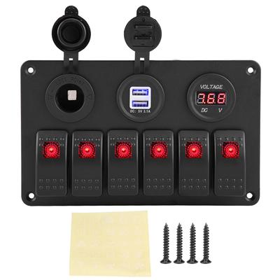 12V 24V 6fach Auto Boot Marine LED Wippschalter Panel Dual USB Voltmeter Zigarettenanzünder
