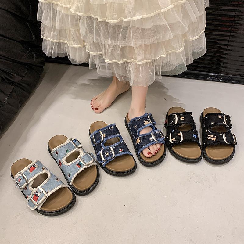 Platformowe sandały Birkenstock z denimu letnie obuwie nowy francuski temperament casualowe sandały