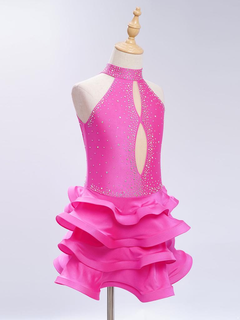 Girls Sparkly Rhinestone Latin Dance Dress Sleeveless Backless Design with Flowy Tiered Skirt for Competition