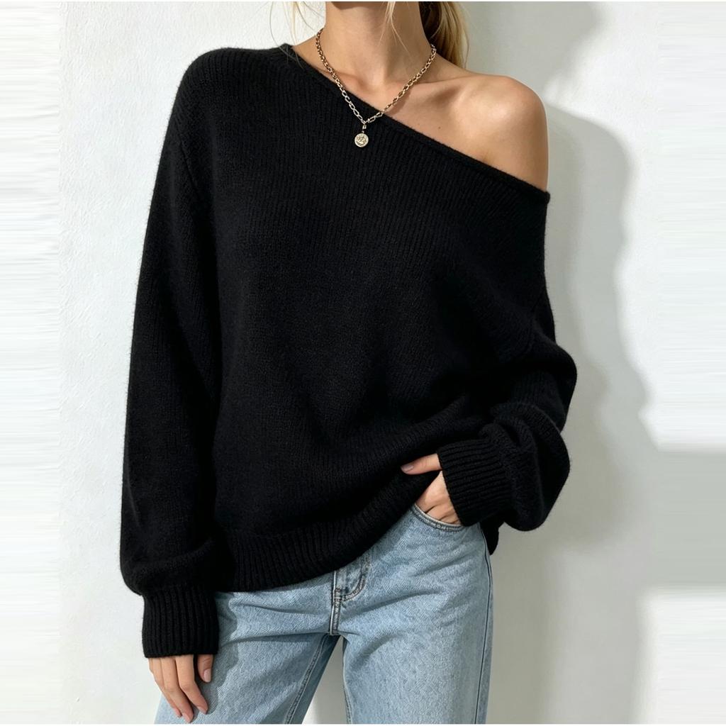 Women's Off-Shoulder Long Sleeve Knit Pullover Sweater