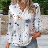 Women Fall Top V Neck Lace Patchwork Flower Print Long Sleeve Loose Soft Breathable Colorfast Hollow Out Elegant Commute Lady Blouse