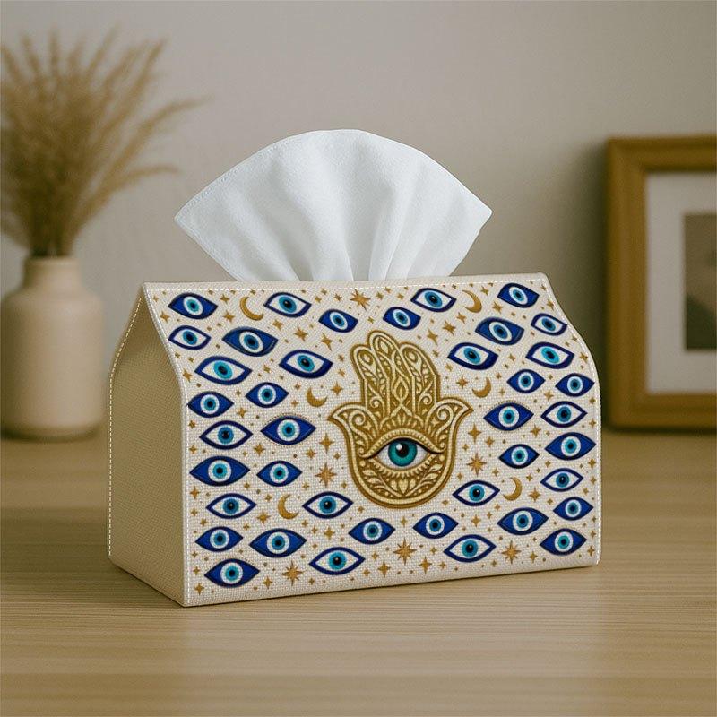 2D Flat 1pc Mystic Symbol Pattern Tissue Box- Hamsa Evil Eye Print, for Kitchen, Living Room, Bedroom, Car for Home& Party Decorations, Compact& Sturd