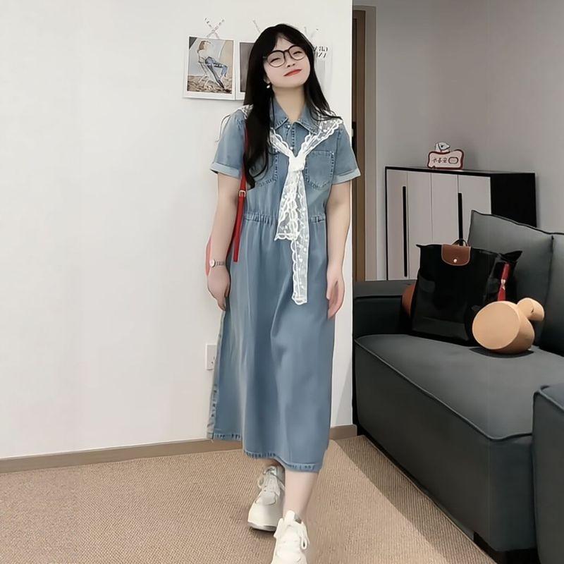 

Plus-Size Women s Retro-Style Lace Shawl Denim Short-Sleeve Dress for Summer 2026, Slimming Dress Blue Suit M