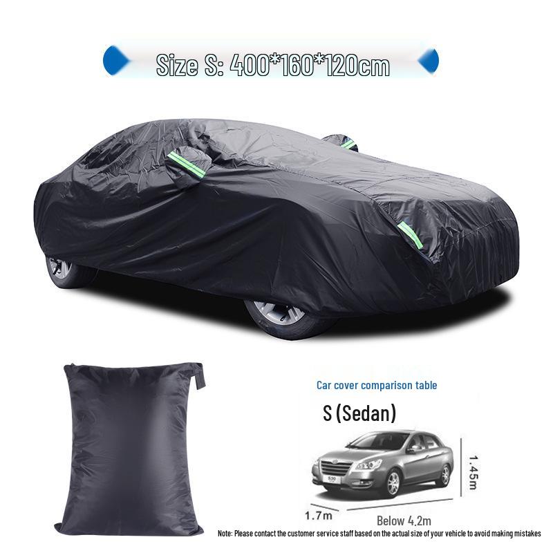 Black 190T Silver-Coated Rainproof Car Cover with Reflective Strips All Black