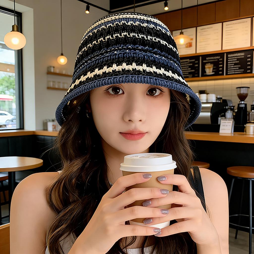 Fashion Vintage Bucket Hat for Women Summer Hollow Breathable Colorful Knitted Sunshade Basin Cap Girls Outdoor Panama Hat