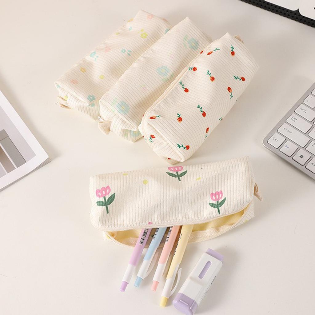 Flower Print Pencil Bag Zippered Pen Case Corduroy Pencil Bag Corduroy Pen Pouches Stationery Bag for Student School