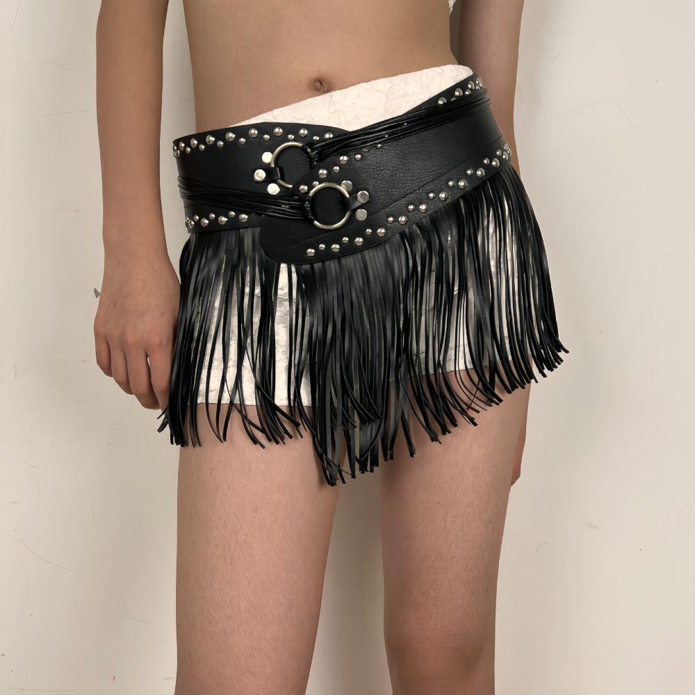 Punk Style Skirt Decoration Spicy Girl Pu Tassel Waistbands Simple Rrivet Belt  Daily
