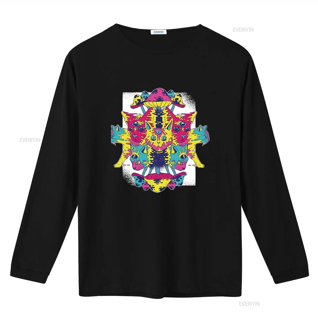 Herren Ideen für Katzenliebhaber Psychedelische Kätzchen und Pilze Design Schwarz Mehrfarbig T-Shirt vintage Gewaschen Dehnbar Stilvoll