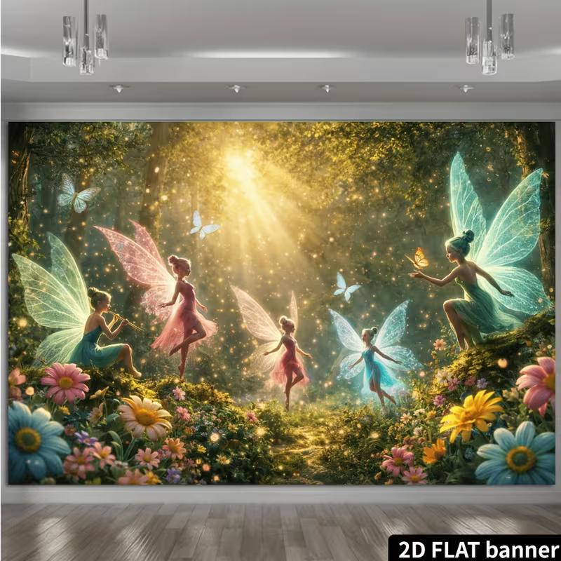 2D Verzauberter Wald Fee Kulisse Blumige Sonnenlicht Party Foto Booth Banner