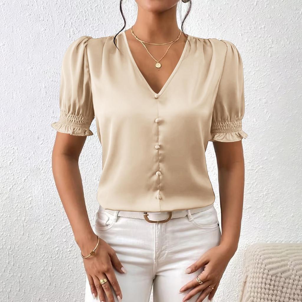 Damen - Farbe Casual Satin V-Ausschnitt Knopfleiste Französische Rüschen Kurzarm Top
