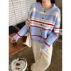 Polo collar button contrasting stripes lazy loose knitted cardigan women's autumn and winter sweater button top jacket