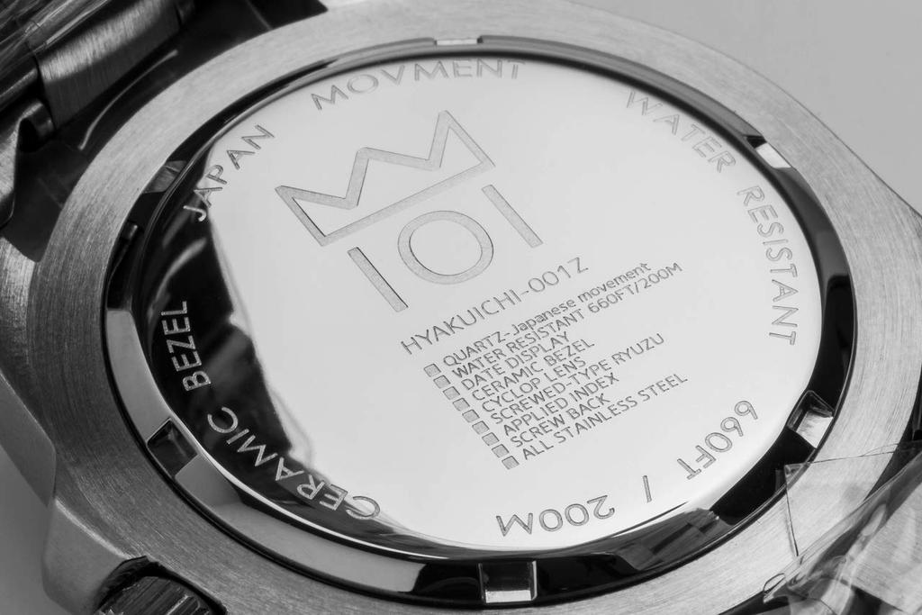 HYAKUICHI 101 No.1Z Men's Quartz Dive Watch, 20 ATM Water Resistant, Ceramic Bezel, Calendar, Metal Band (Black)