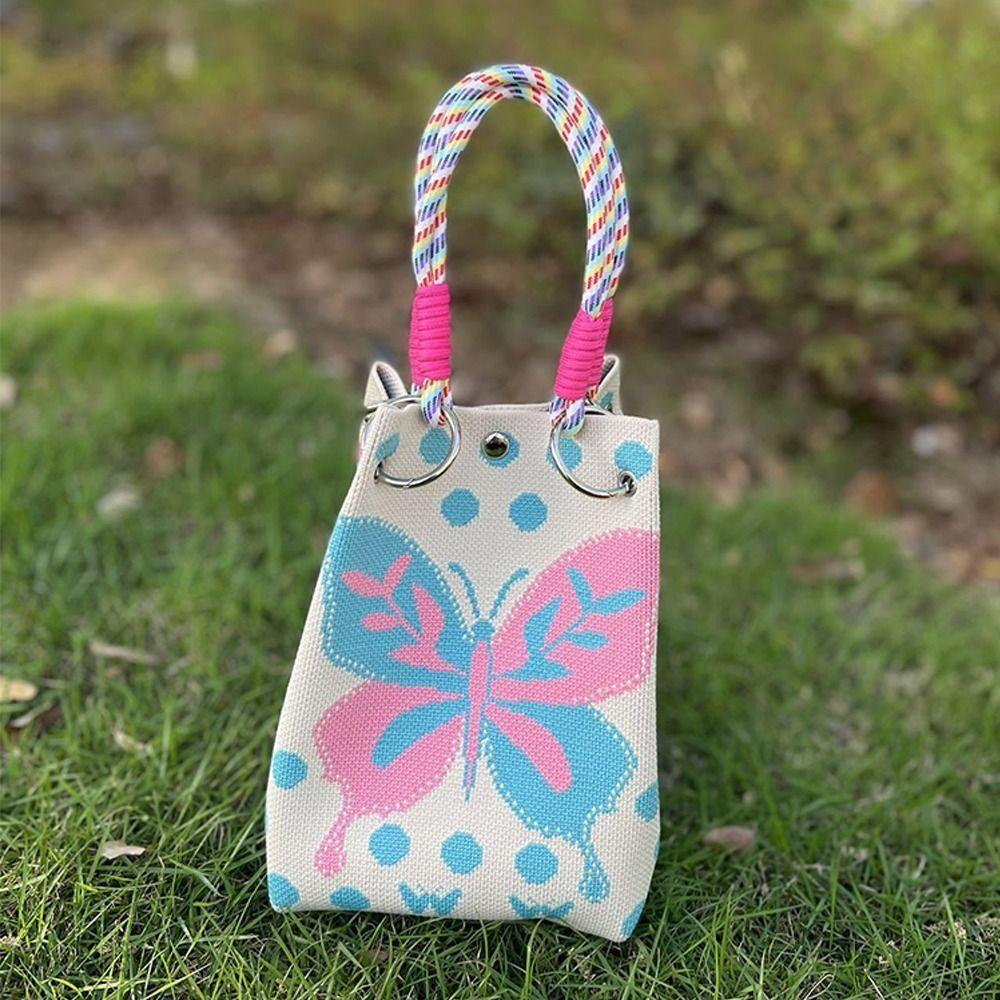Portable Cartoon Knitted Bucket Bag Handmade Large Capacity Wrist Bag Woven Ring Buckle Handbag for Women Girls