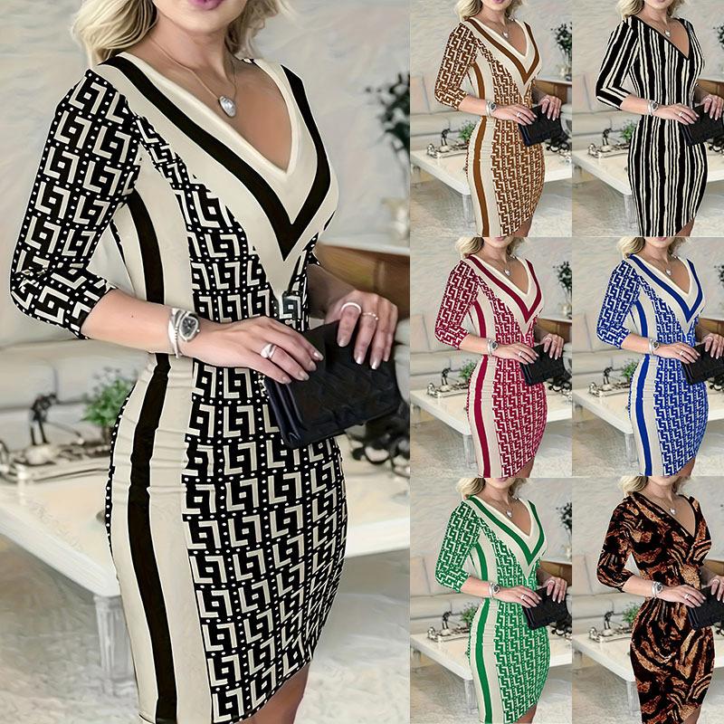 GMXIA Women's Fashion Geometric Pattern Wrap Hip 3/4 Sleeves Dresses