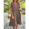 Cotton Linen Casual Women's Dresses 2025 Spring/Summer Sweet Short Sleeve Solid V-neck Large Swing Loose Dress S-5XL