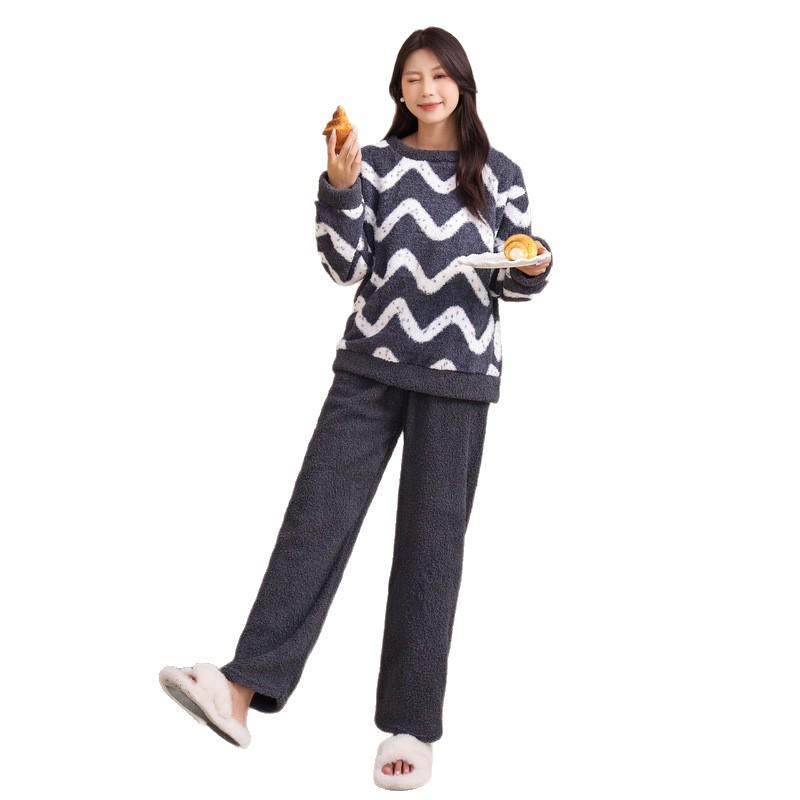 Unisex Winter-Pyjama-Set aus Korallenfleece - Verdickt, mit Plus-Samt, Warme Hauskleidung, Rundhals-Pullover, Perfekt für den Innen- und Außenbereich