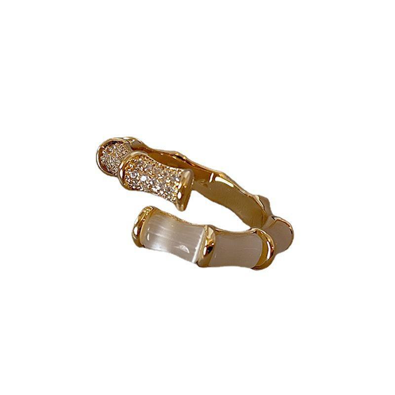 BBK 925 Sterling Silver Bamboo Zircon Open Ring - Women's Fashion Statement Korean Style