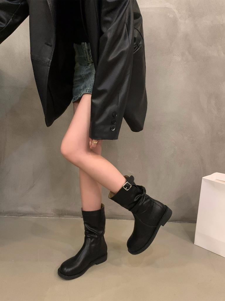 Retro Mittelstiefel mit dickem Absatz Ritterstiefel Damenschuhe 2025 neue Herbst- und Winter-Stiefeletten Martin-Stiefel