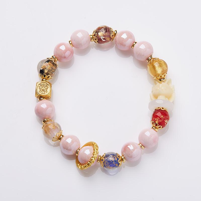 Yongxiang-style Beijing Incense Ash Glass Bracelet with Pink Porcelain Nine-tailed Fox and Gold Foil, Good Luck Bracelet, Gift for Best Friends