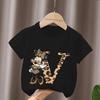 Mouse Leopard Letter A B C Name Print Unisex Women Tops Kids Tshirt Clothes Black Short Sleeve Black T Shirt