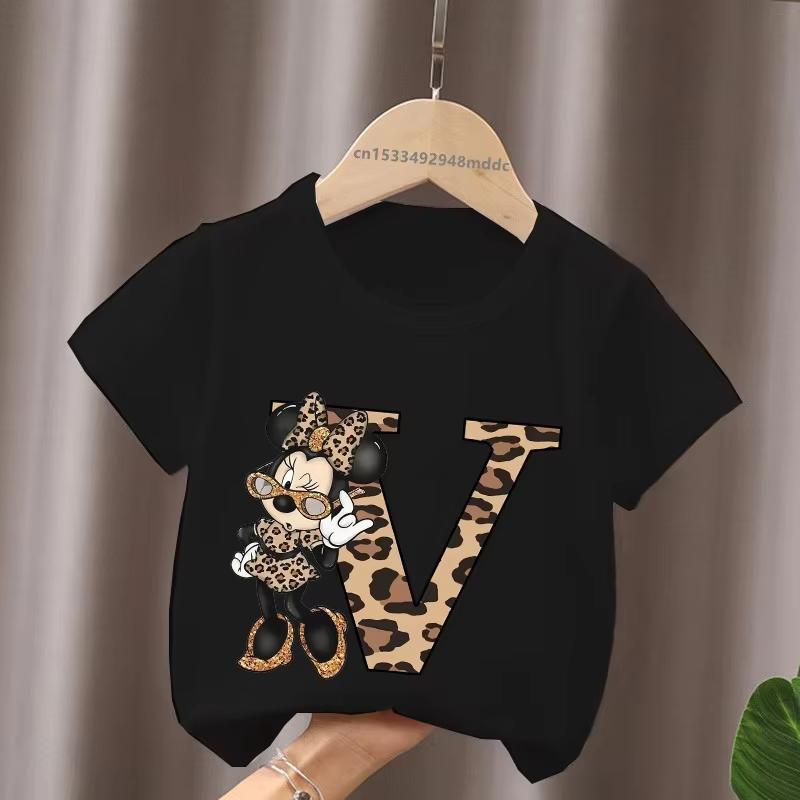 Mouse Leopard Letter A B C Name Print Unisex Women Tops Kids Tshirt Clothes Black Short Sleeve Black T Shirt