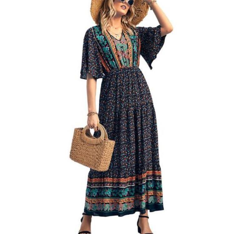 Summer Vacation Bohemian Dress Ethnic Style Patchwork A Line Maxi Dress Elastic Waist V Neck Short Sleeves Women Beach Dress Printing