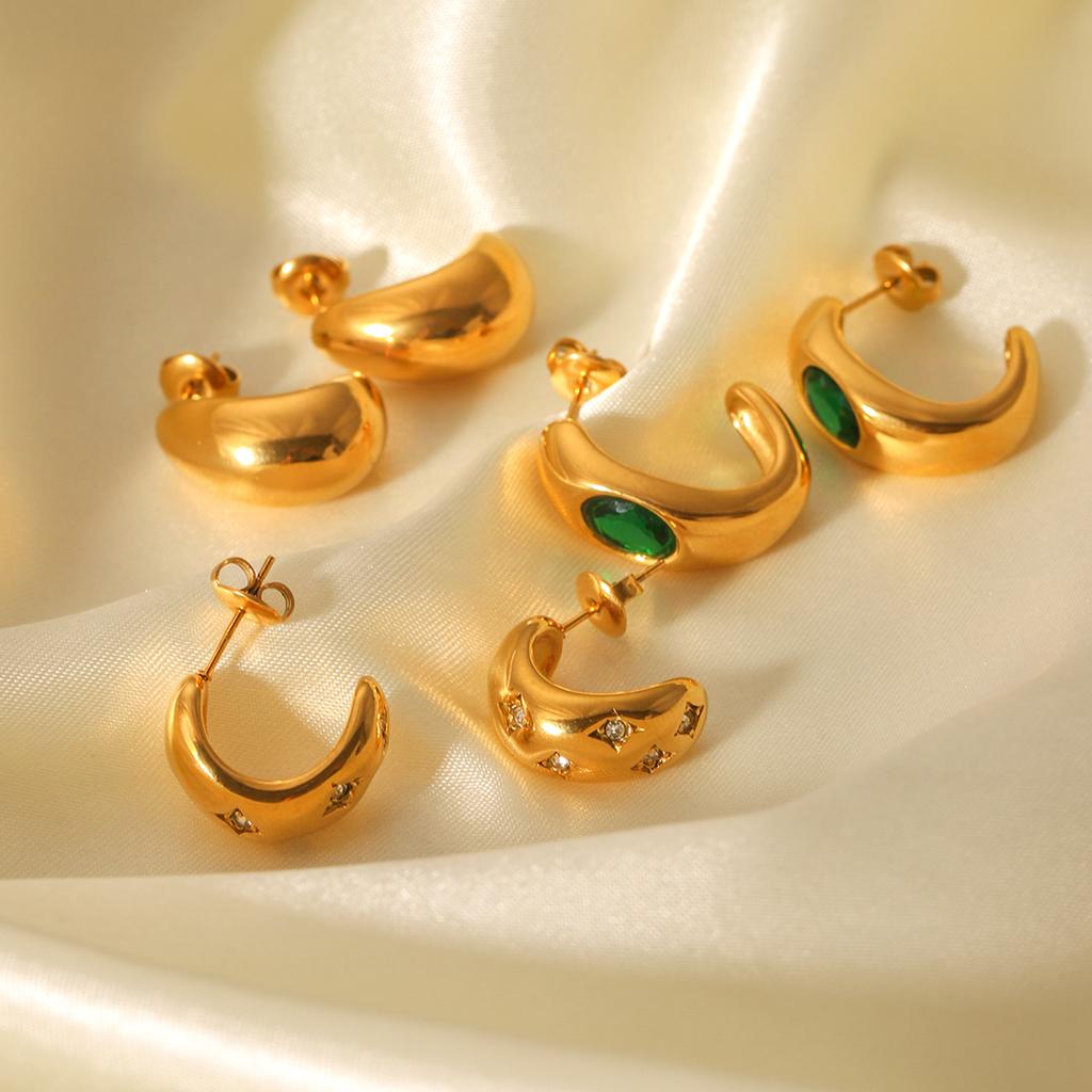 18K Gold C-shaped Stainless Steel Earrings with Zircon Inlay, Stylish Light Luxury Titanium Steel Ear Jewelry