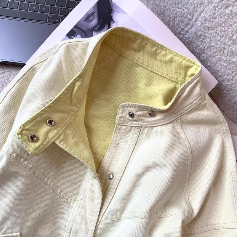 Women Color Denim Cropped Baseball Jacket Spring Korean Casual Round Neck Zip Up Outerwear for Petite Girls
