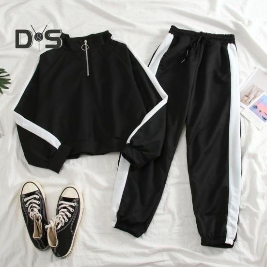 2 stk/sett Sweatshirt Bukser Sett Stativ Krage Glidelås Løs Myk Elastisk midje Ankelbånd Brede benlommer Fargematchende kvinner Høst Vår Joggedress