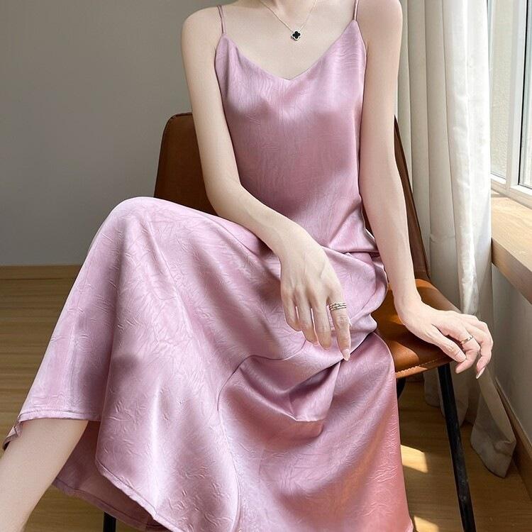 Light Luxury High-end Style Printed Satin Suspender Dress Women's New Temperament New Chinese Acetic Acid Dress