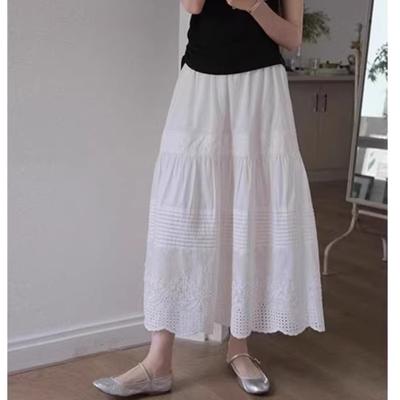 DIMANAF 2025 Spring Women New Skirts Vintage Elastic  Elegant White Pleated Skirts Lace High Waist