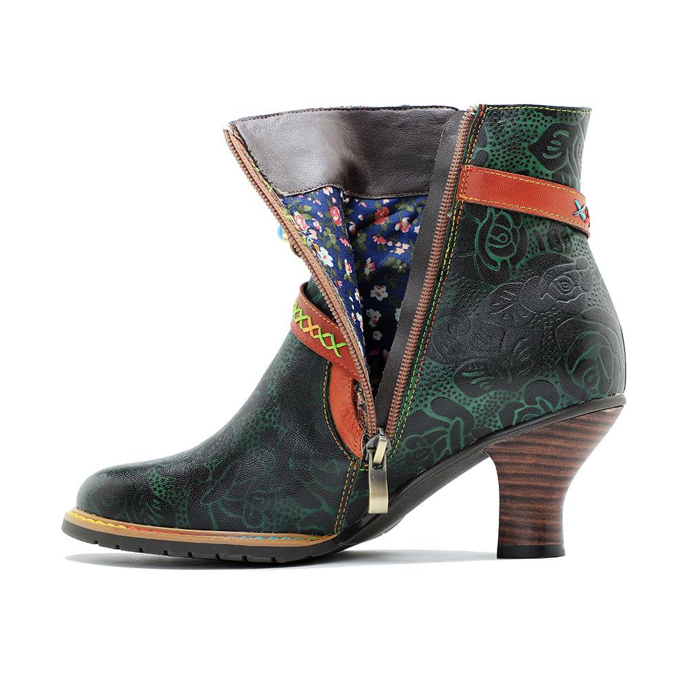 Johnature Genuine Leather Boots Fashion Women High-heeled Shoes Retro Rivet Patchwork Short Boots