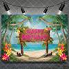 Hawaiian Tropical Summer Beach Background with Flamencos, Flowers, Aloha, Luau, Surfboard, for Parties, Photographic Studio Decoration