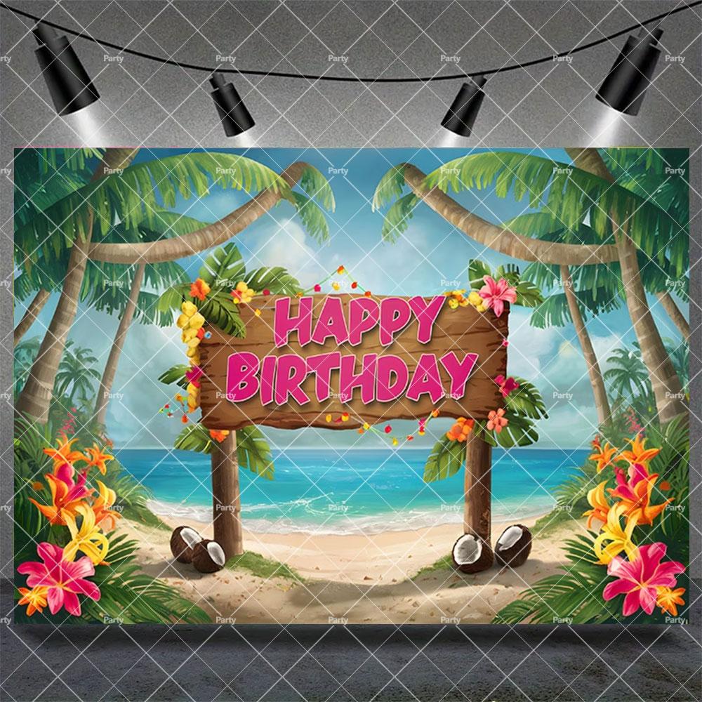 Hawaiian Tropical Summer Beach Background with Flamencos, Flowers, Aloha, Luau, Surfboard, for Parties, Photographic Studio Decoration